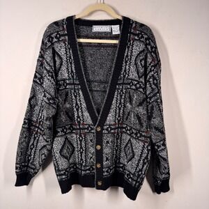 Michael Gerald Vintage Mens Cardigan Sweater Gray Geometric Knit Size M